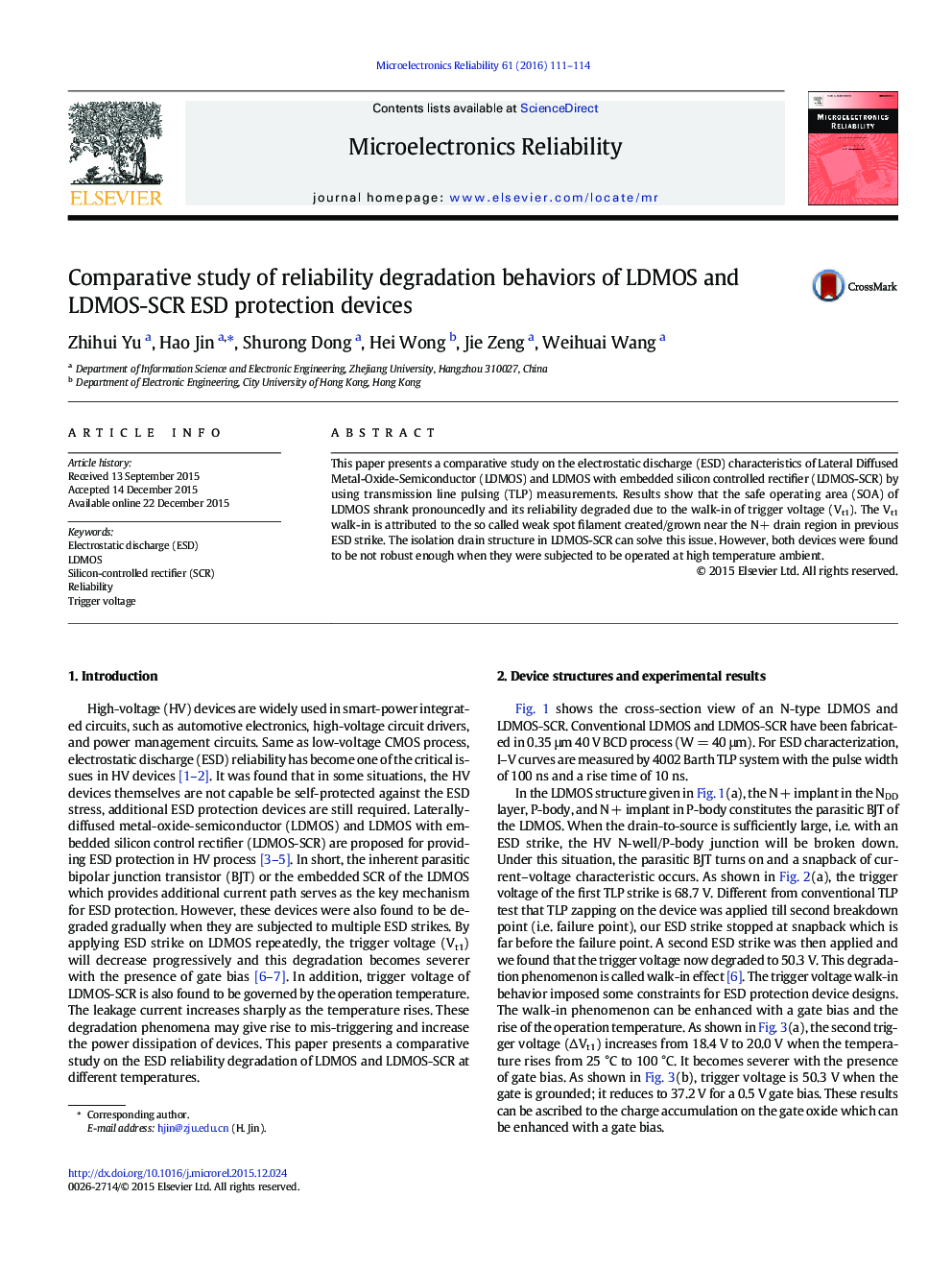 Comparative study of reliability degradation behaviors of LDMOS and LDMOS-SCR ESD protection devices