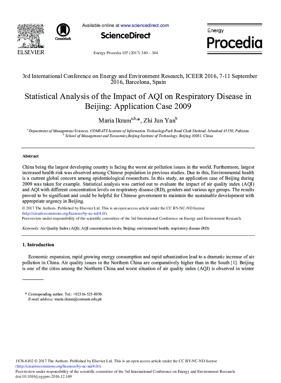 Statistical Analysis of the Impact of AQI on Respiratory Disease in Beijing: Application Case 2009