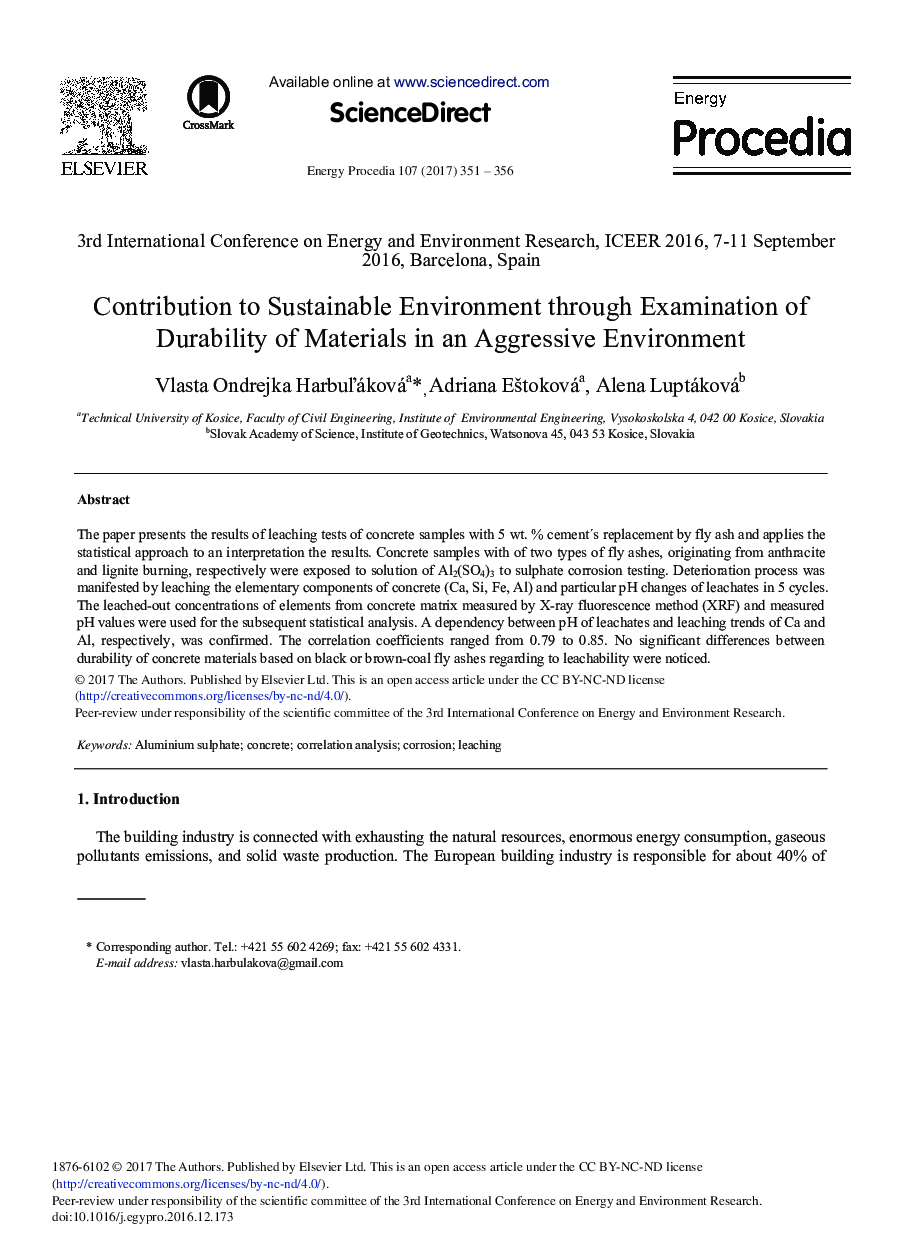 Contribution to Sustainable Environment through Examination of Durability of Materials in an Aggressive Environment