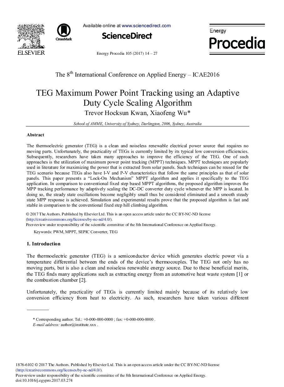 عکس صفحه اول مقاله: TEG Maximum Power Point Tracking Using an Adaptive Duty Cycle Scaling Algorithm TEG Maximum Power Point Tracking Using an Adaptive Duty Cycle Scaling Algorithm