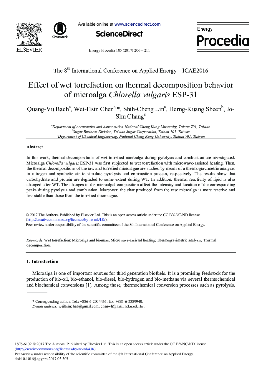 Effect of Wet Torrefaction on Thermal Decomposition Behavior of Microalga Chlorella vulgaris ESP-31