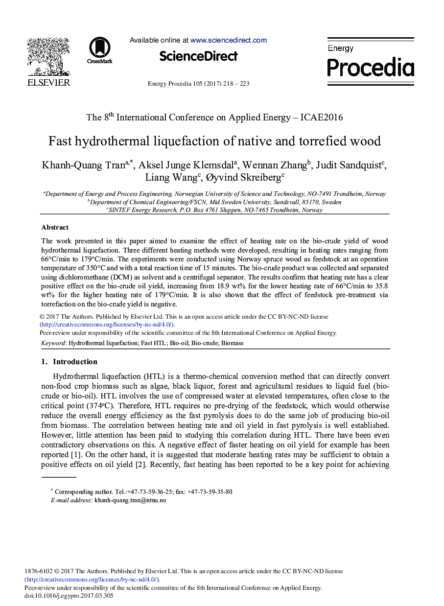 Fast Hydrothermal Liquefaction of Native and Torrefied Wood