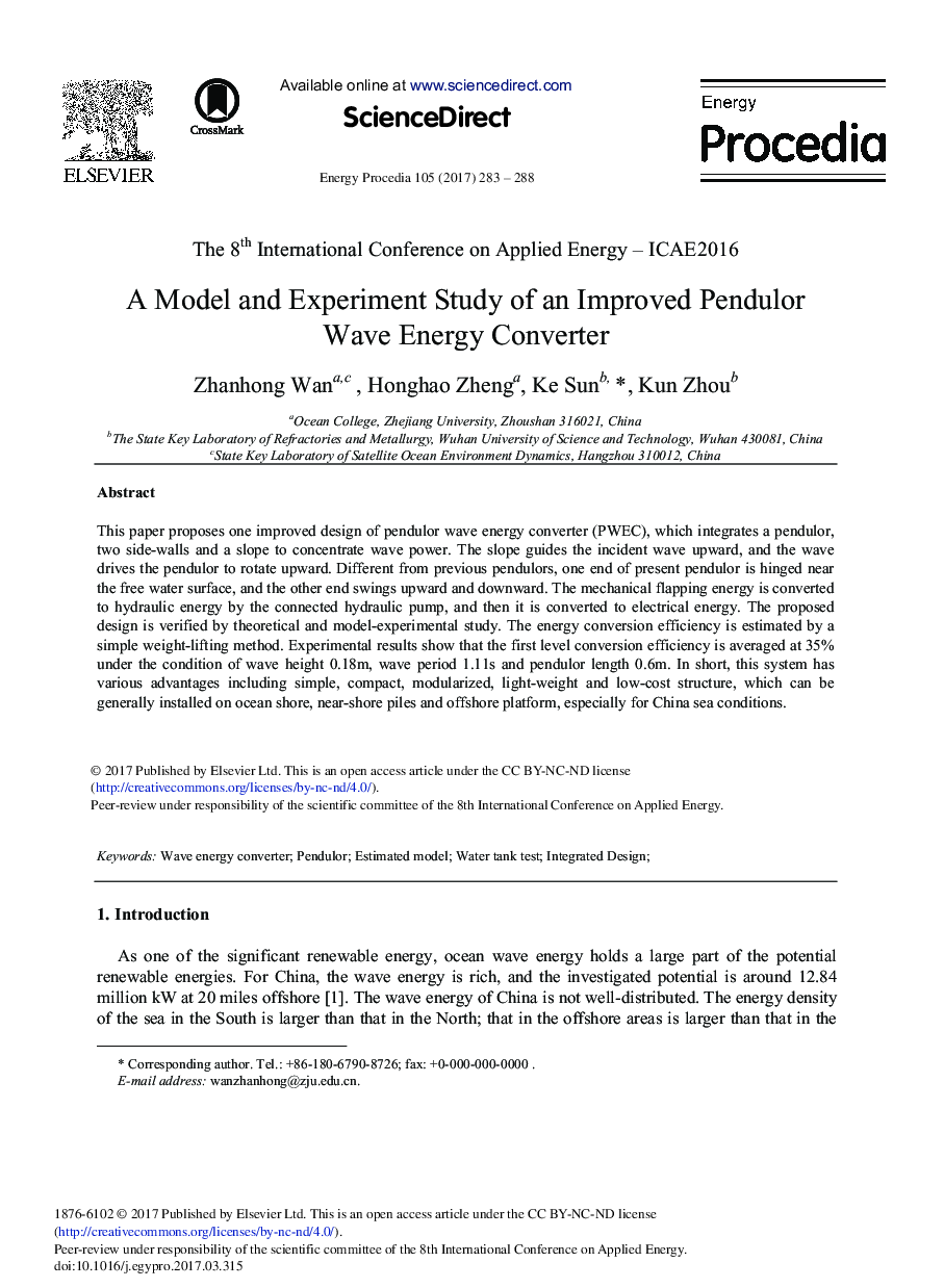 A Model and Experiment Study of an Improved Pendulor Wave Energy Converter