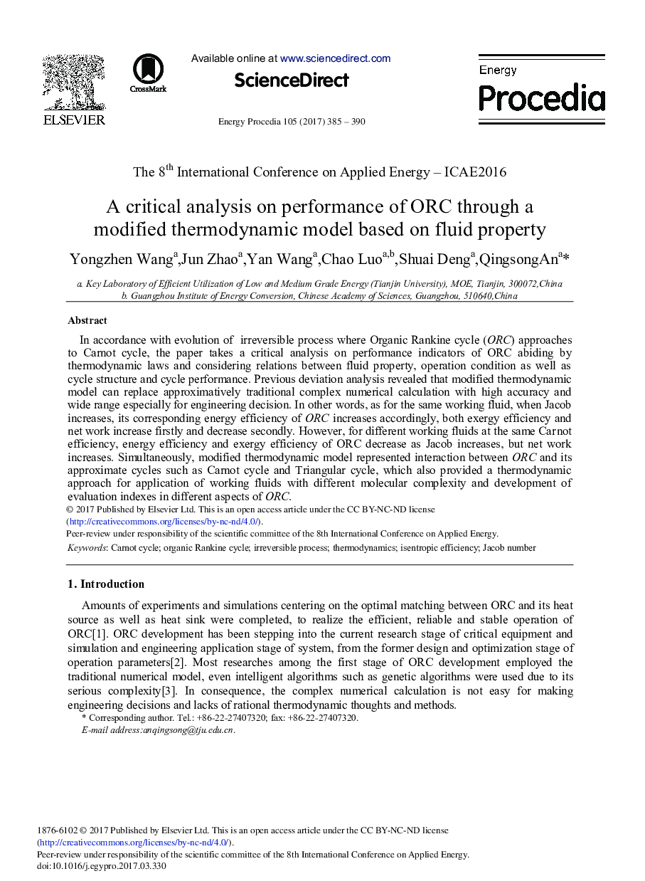 A Critical Analysis on Performance of ORC through a Modified Thermodynamic Model Based on Fluid Property