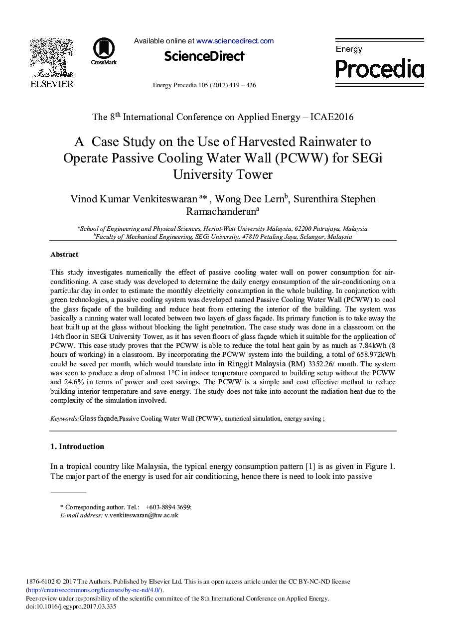 A Case Study on the Use of Harvested Rainwater to Operate Passive Cooling Water Wall (PCWW) for SEGi University Tower