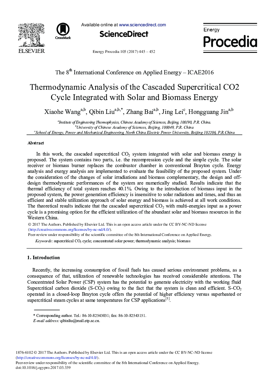 Thermodynamic Analysis of the Cascaded Supercritical CO2 Cycle Integrated with Solar and Biomass Energy