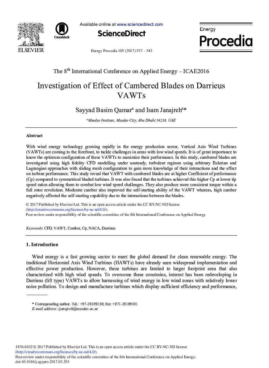 Investigation of Effect of Cambered Blades on Darrieus VAWTs