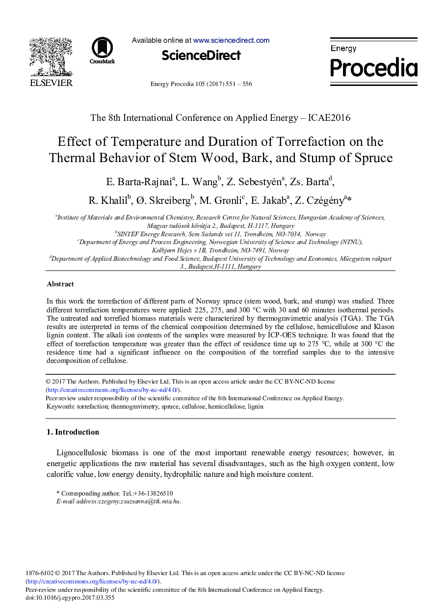 Effect of Temperature and Duration of Torrefaction on the Thermal Behavior of Stem Wood, Bark, and Stump of Spruce