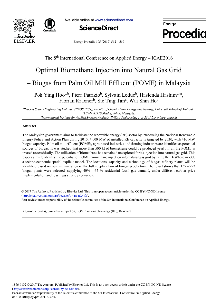 Optimal Biomethane Injection into Natural Gas Grid - Biogas from Palm Oil Mill Effluent (POME) in Malaysia