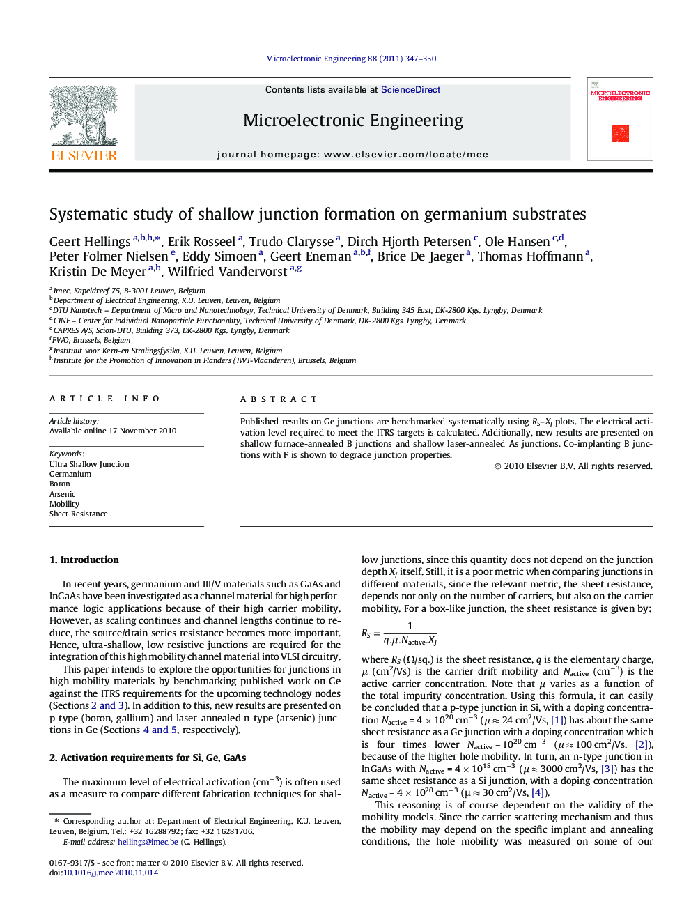 Systematic study of shallow junction formation on germanium substrates