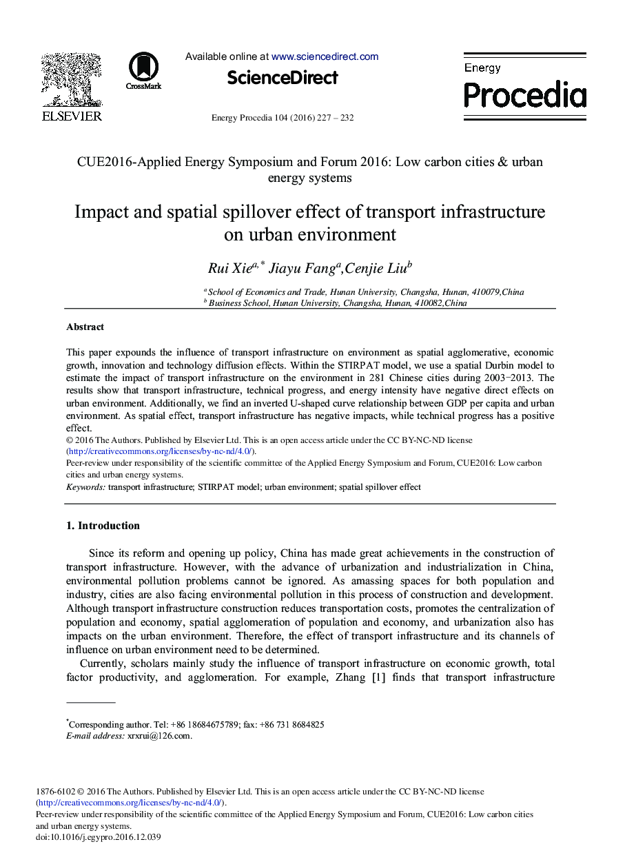 Impact and Spatial Spillover Effect of Transport Infrastructure on Urban Environment