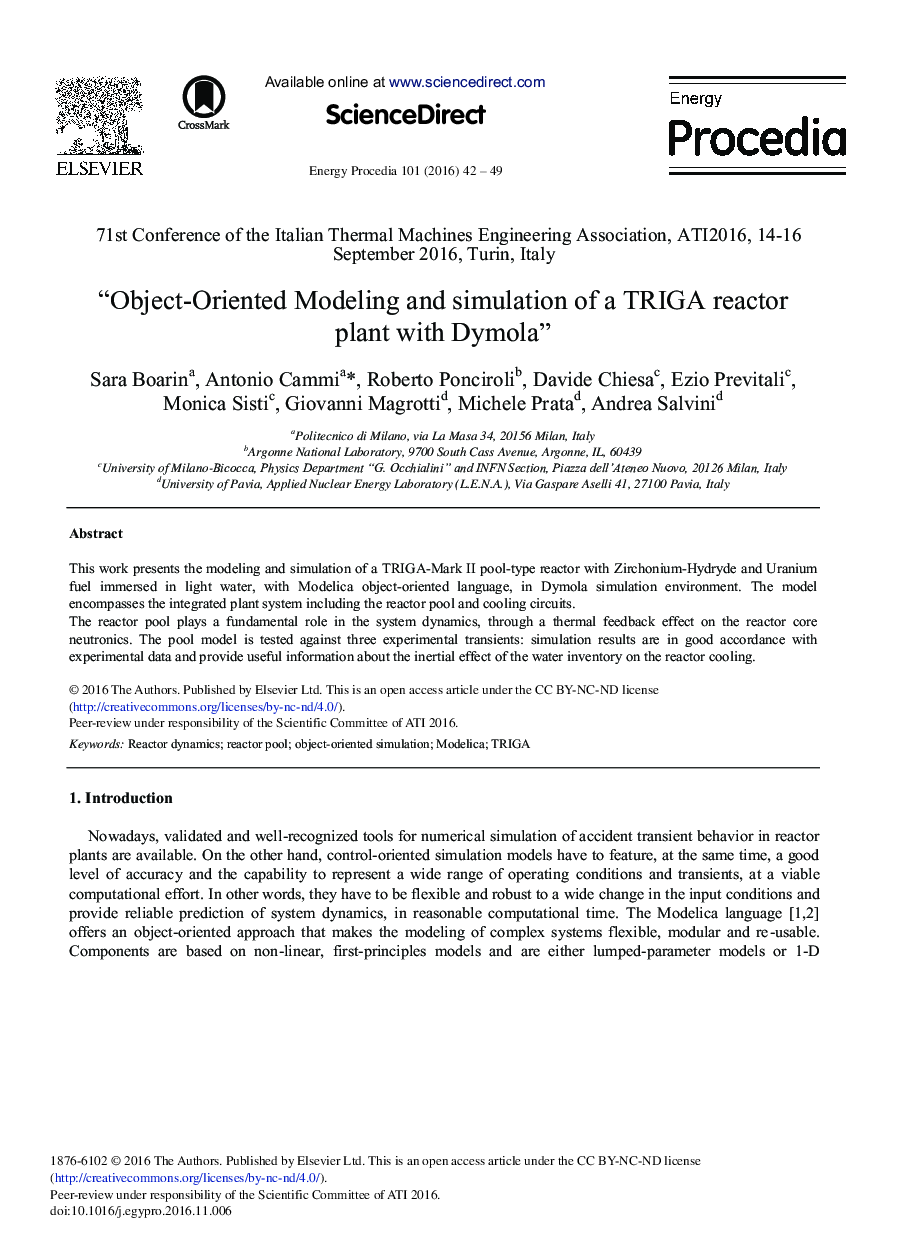 Object-Oriented Modeling and simulation of a TRIGA reactor plant with Dymola