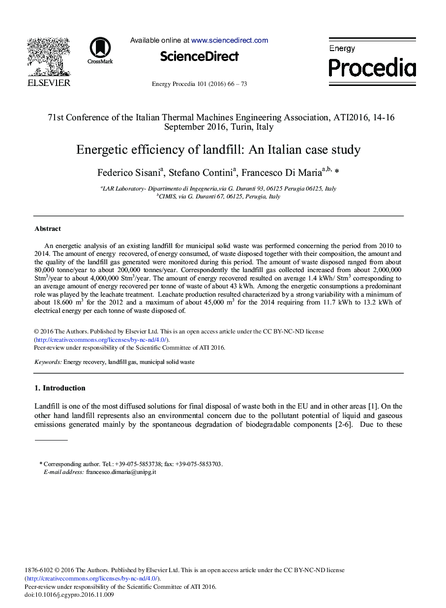 Energetic Efficiency of Landfill: An Italian Case Study