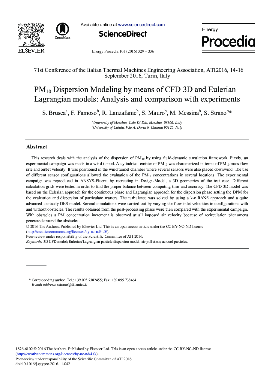 عکس صفحه اول مقاله: PM10 Dispersion Modeling by Means of CFD 3D and Eulerian-Lagrangian Models: Analysis and Comparison with Experiments PM10 Dispersion Modeling by Means of CFD 3D and Eulerian-Lagrangian Models: Analysis and Comparison with Experiments