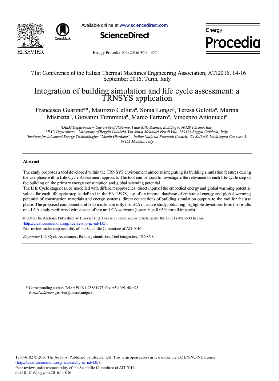 Integration of Building Simulation and Life Cycle Assessment: A TRNSYS Application