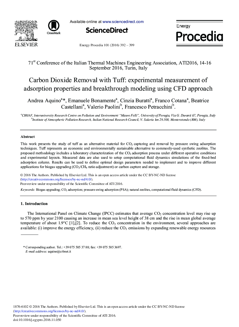 عکس صفحه اول مقاله: Carbon Dioxide Removal with Tuff: Experimental Measurement of Adsorption Properties and Breakthrough Modeling Using CFD Approach Carbon Dioxide Removal with Tuff: Experimental Measurement of Adsorption Properties and Breakthrough Modeling Using CFD Approach