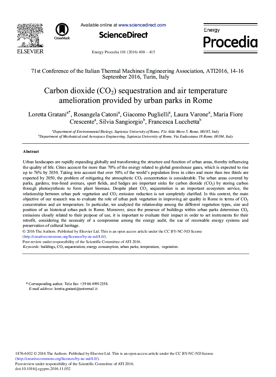 Carbon Dioxide (CO2) Sequestration and Air Temperature Amelioration Provided by Urban Parks in Rome