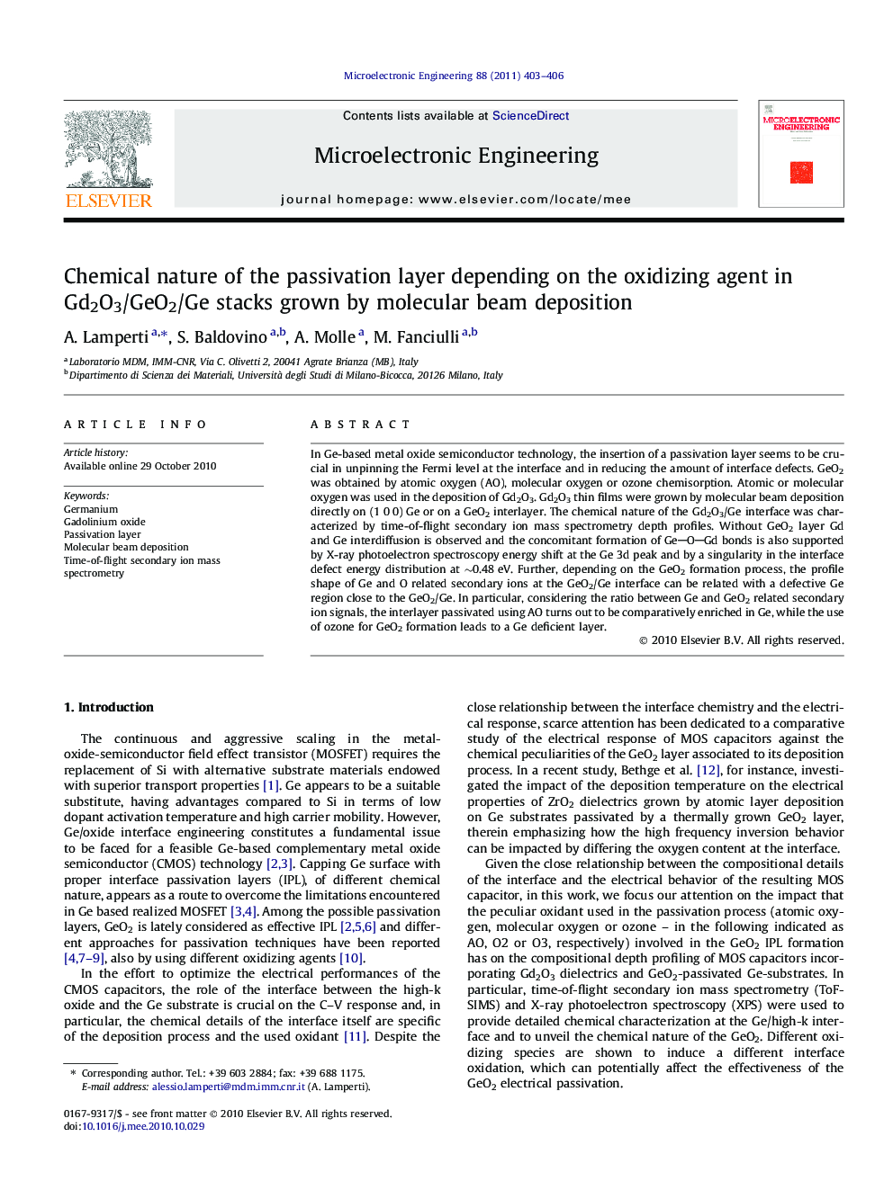 Chemical nature of the passivation layer depending on the oxidizing agent in Gd2O3/GeO2/Ge stacks grown by molecular beam deposition