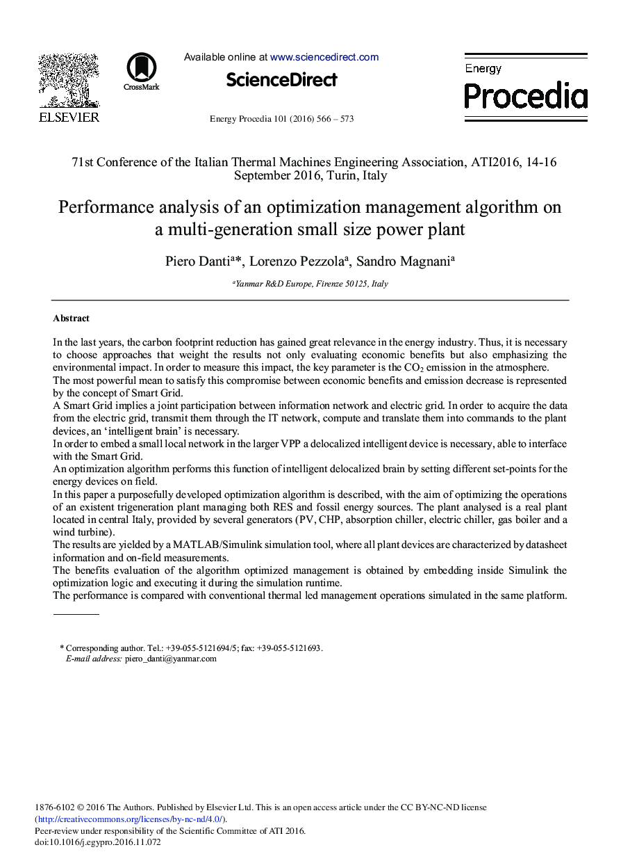 Performance Analysis of an Optimization Management Algorithm on a Multi-generation Small Size Power Plant