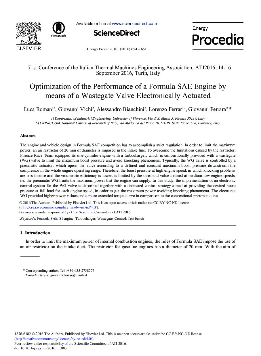 Optimization of the Performance of a Formula SAE Engine by Means of a Wastegate Valve Electronically Actuated