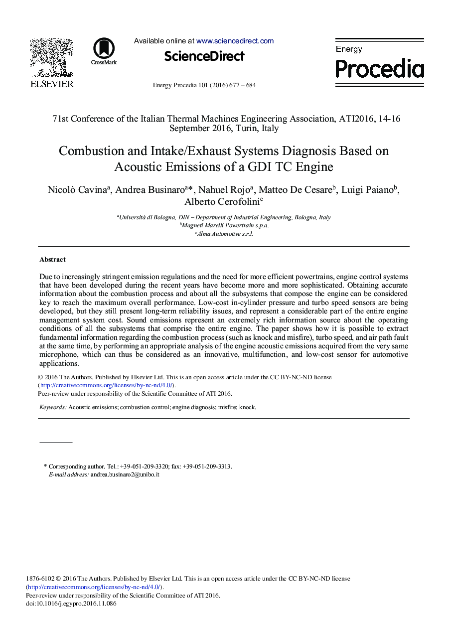 Combustion and Intake/Exhaust Systems Diagnosis Based on Acoustic Emissions of a GDI TC Engine
