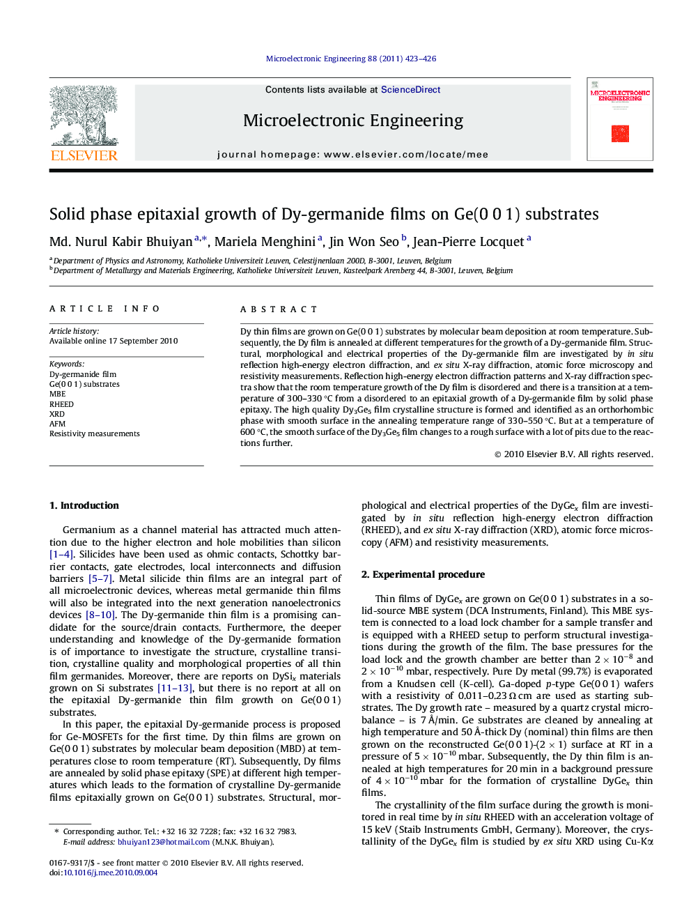 Solid phase epitaxial growth of Dy-germanide films on Ge(0 0 1) substrates