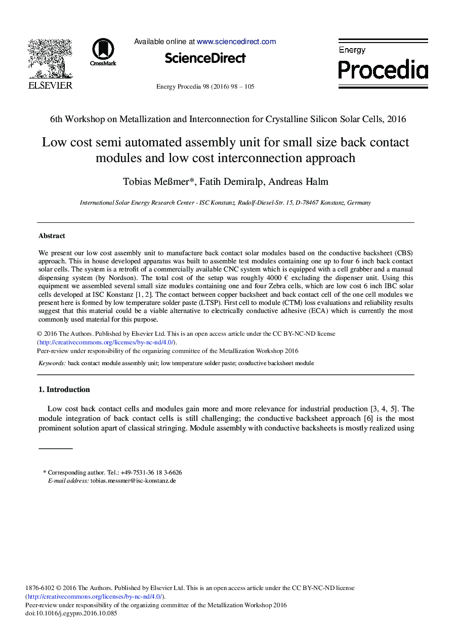 Low Cost Semi Automated Assembly Unit for Small Size Back Contact Modules and Low Cost Interconnection Approach