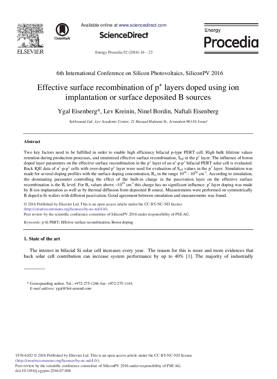 Effective Surface Recombination of p+ Layers Doped Using Ion Implantation or Surface Deposited B Sources