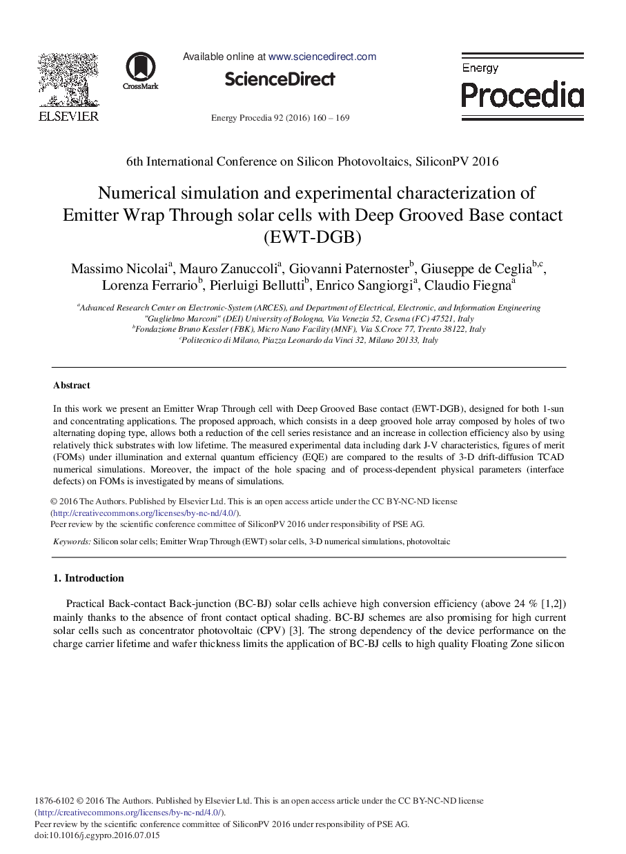 Numerical Simulation and Experimental Characterization of Emitter Wrap through Solar Cells with Deep Grooved Base Contact (EWT-DGB)