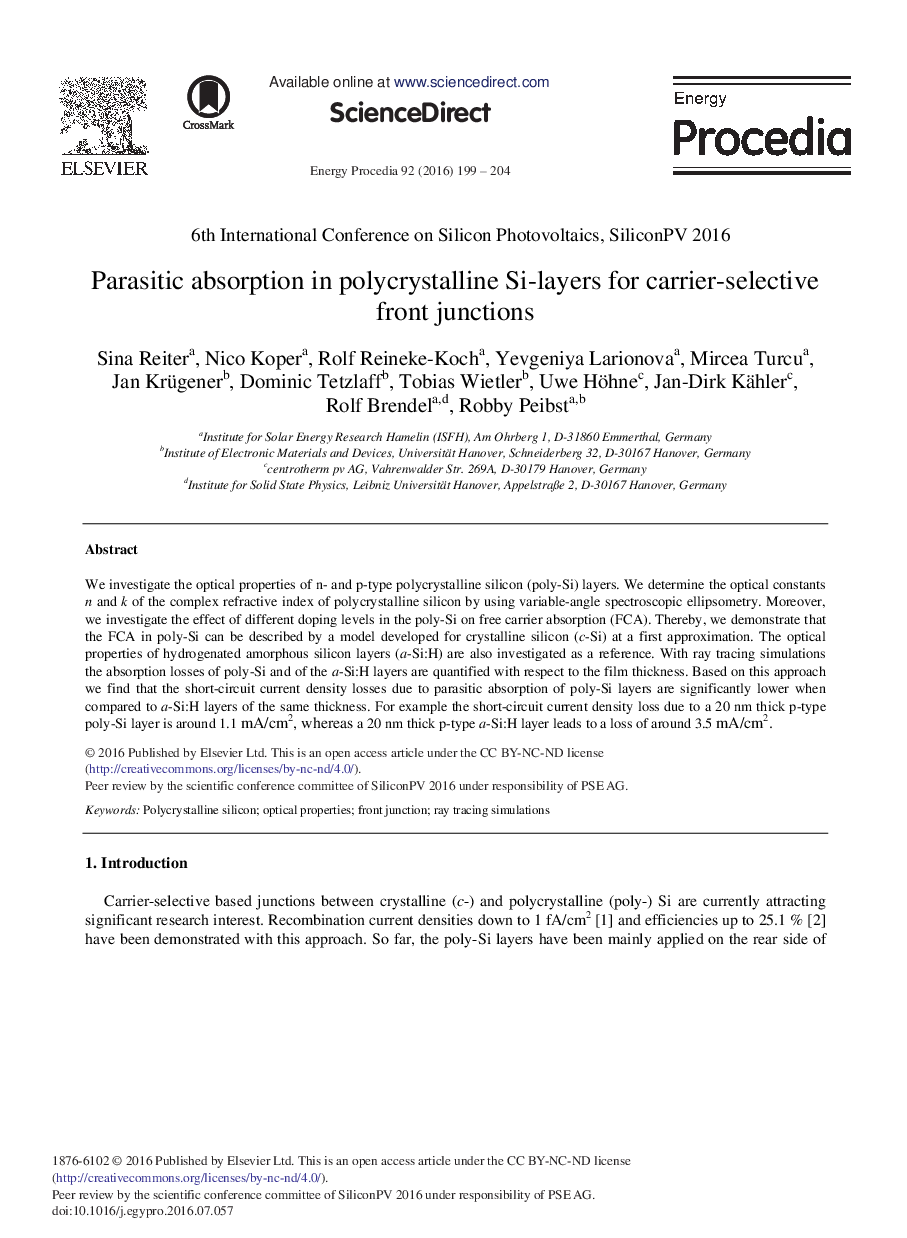 Parasitic Absorption in Polycrystalline Si-layers for Carrier-selective Front Junctions