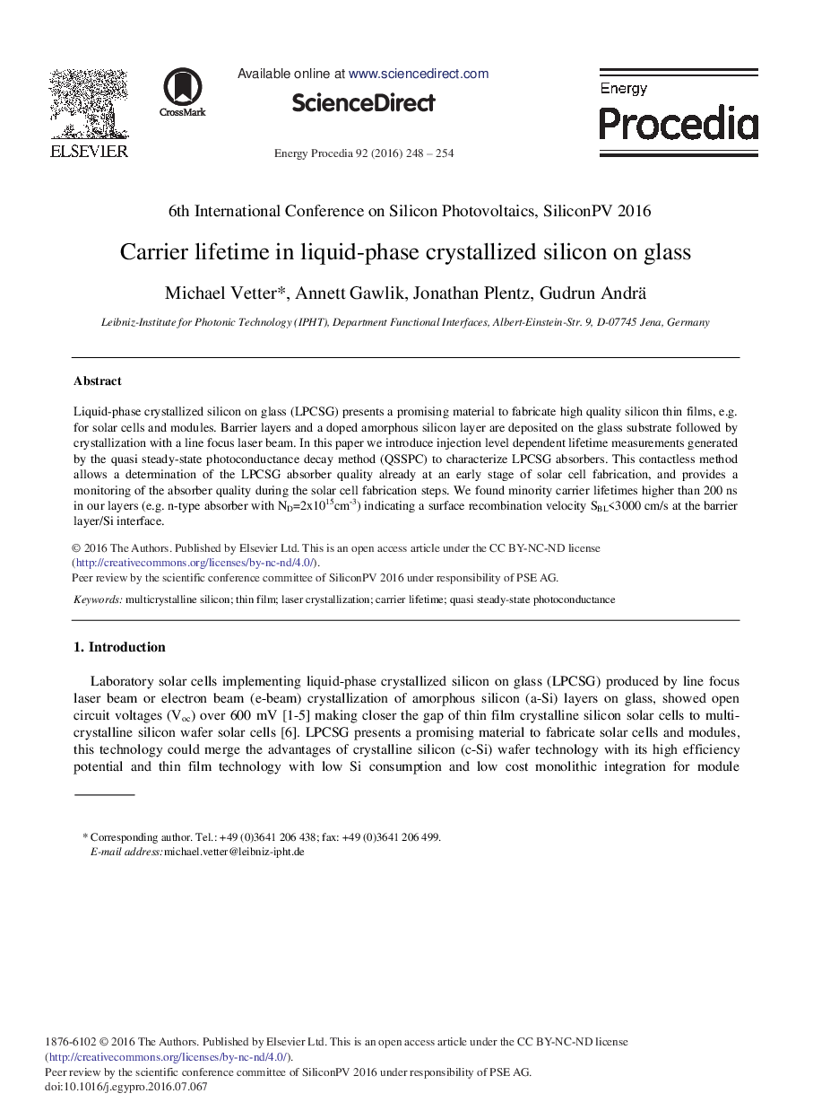 Carrier Lifetime in Liquid-phase Crystallized Silicon on Glass