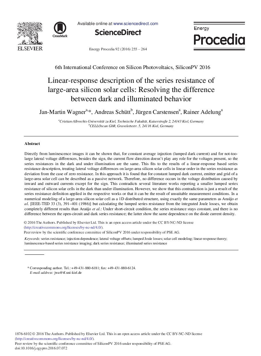 پاسخ خطی توصیف مقاومت سری سلول های خورشیدی سیلیکون بزرگ منطقه: حل اختلاف بین رفتار تاریک و روشن 