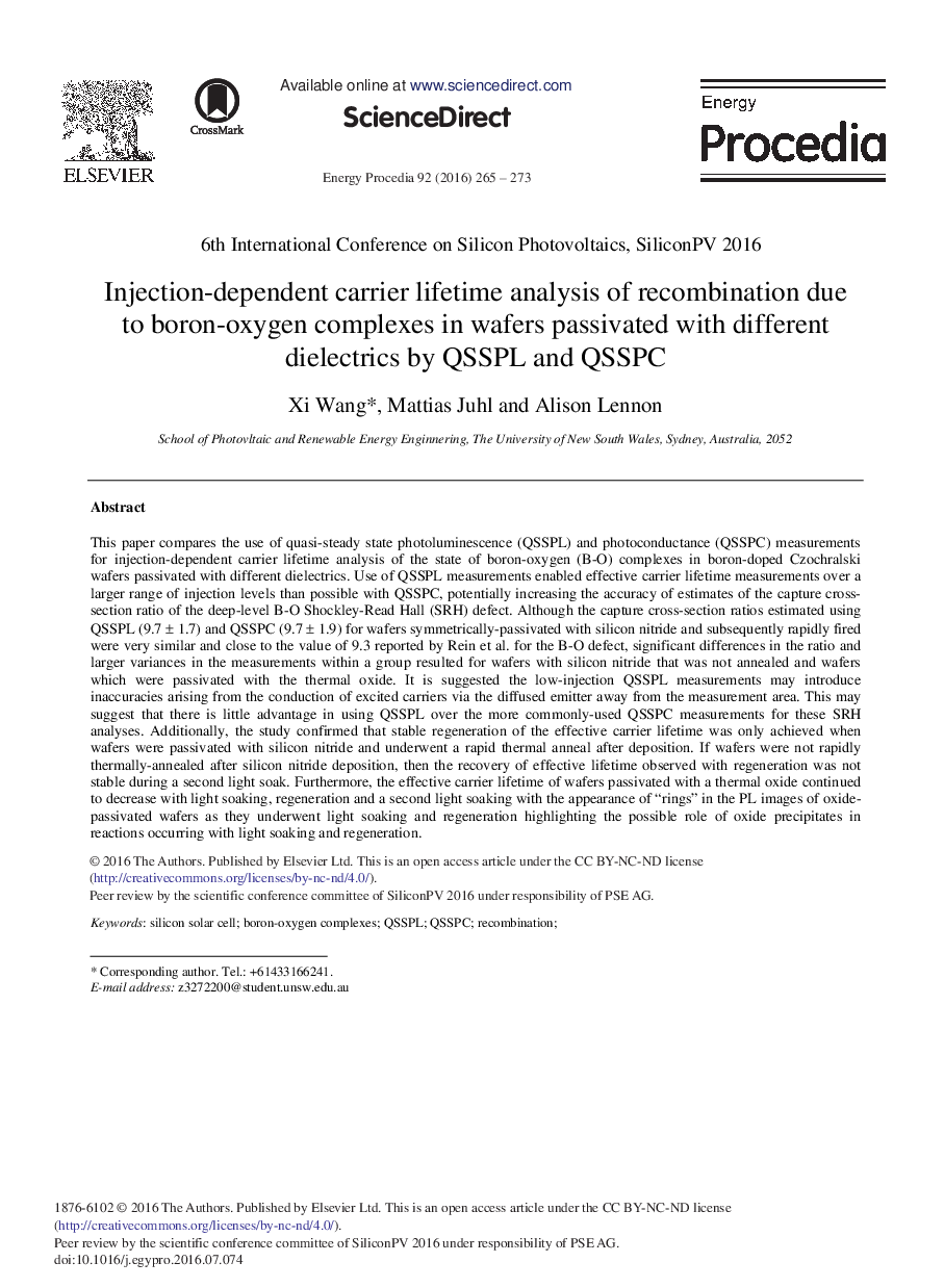 Injection-dependent Carrier Lifetime Analysis of Recombination Due to Boron-Oxygen Complexes in Wafers Passivated with Different Dielectrics by QSSPL and QSSPC