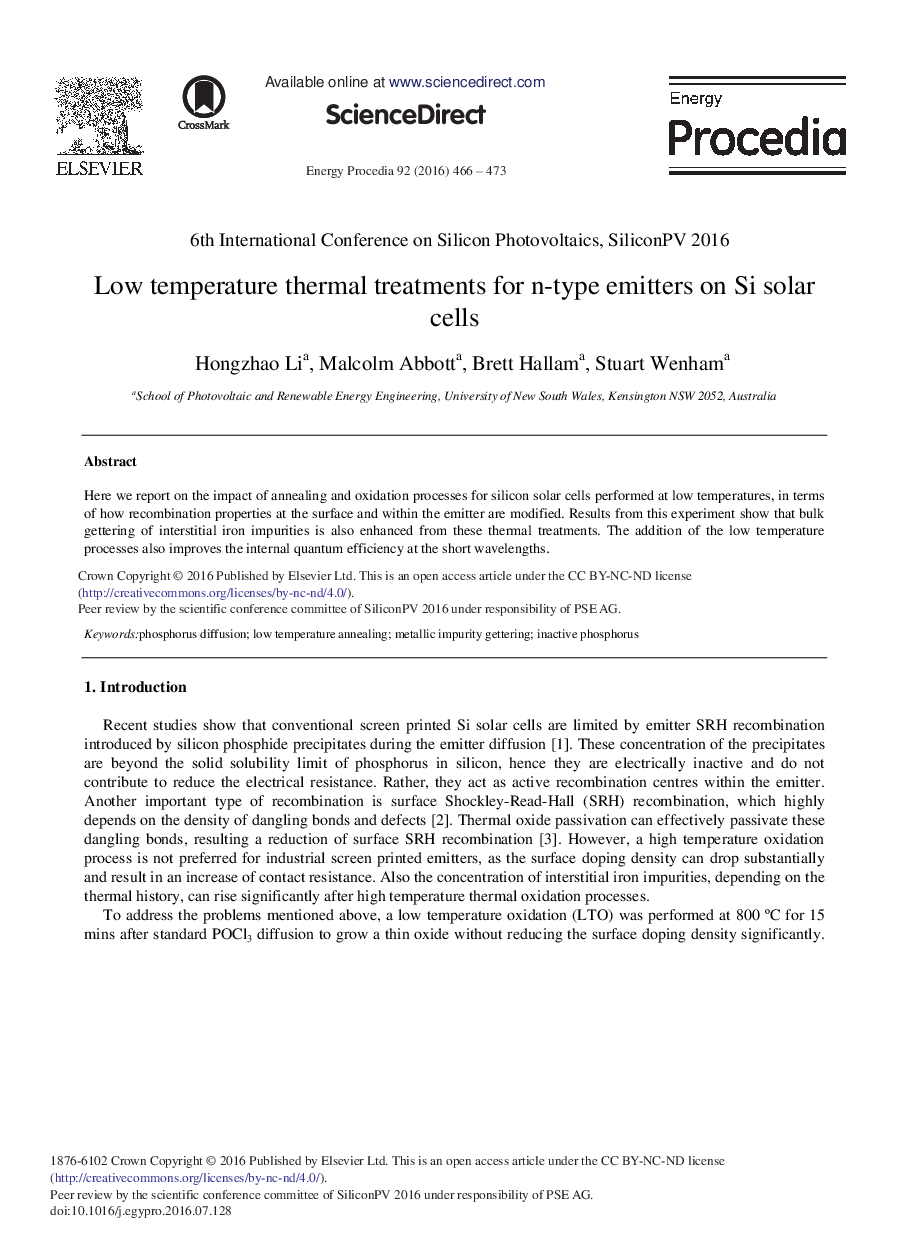 Low Temperature Thermal Treatments for n-type Emitters on Si Solar Cells