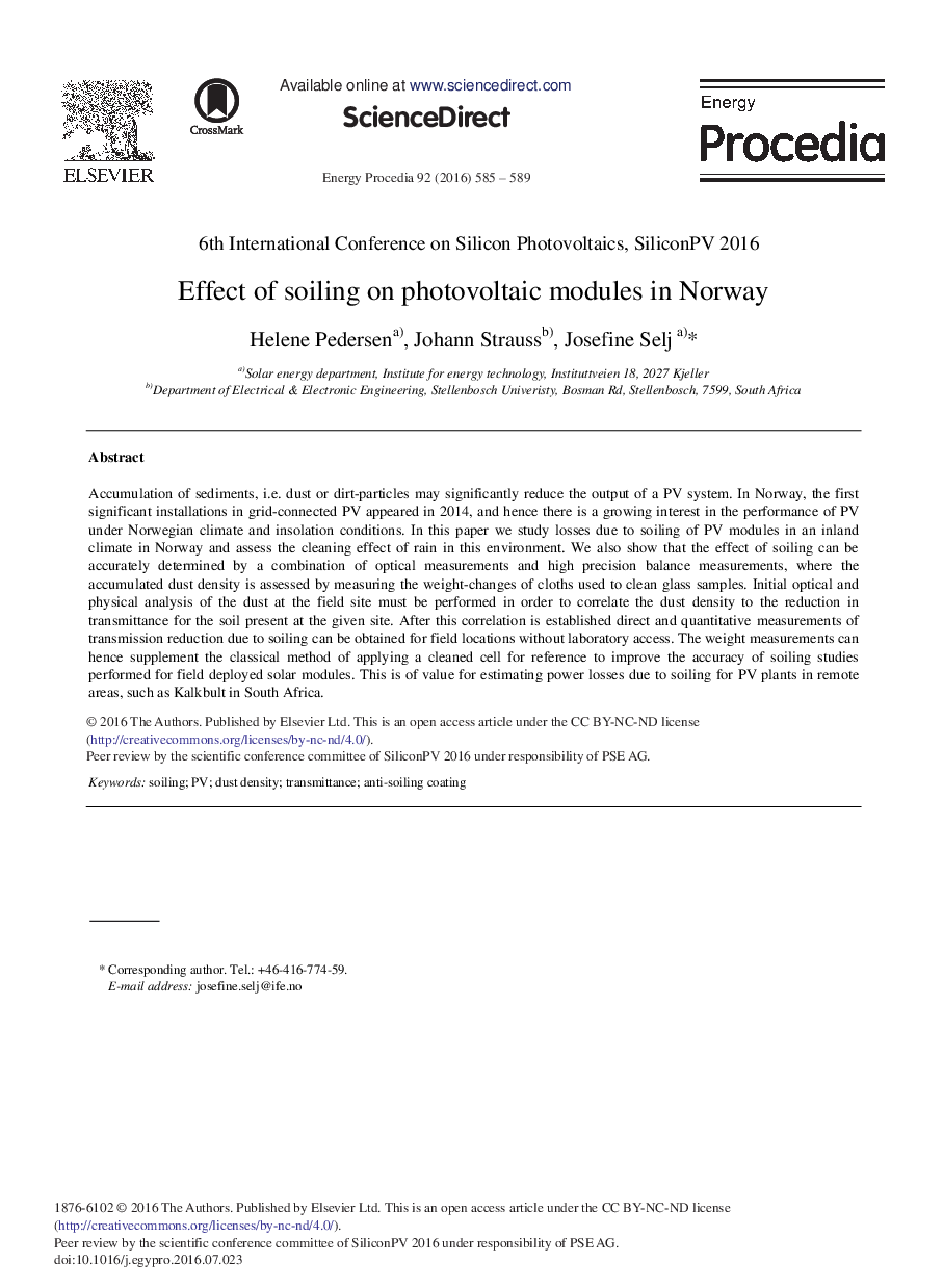 Effect of Soiling on Photovoltaic Modules in Norway