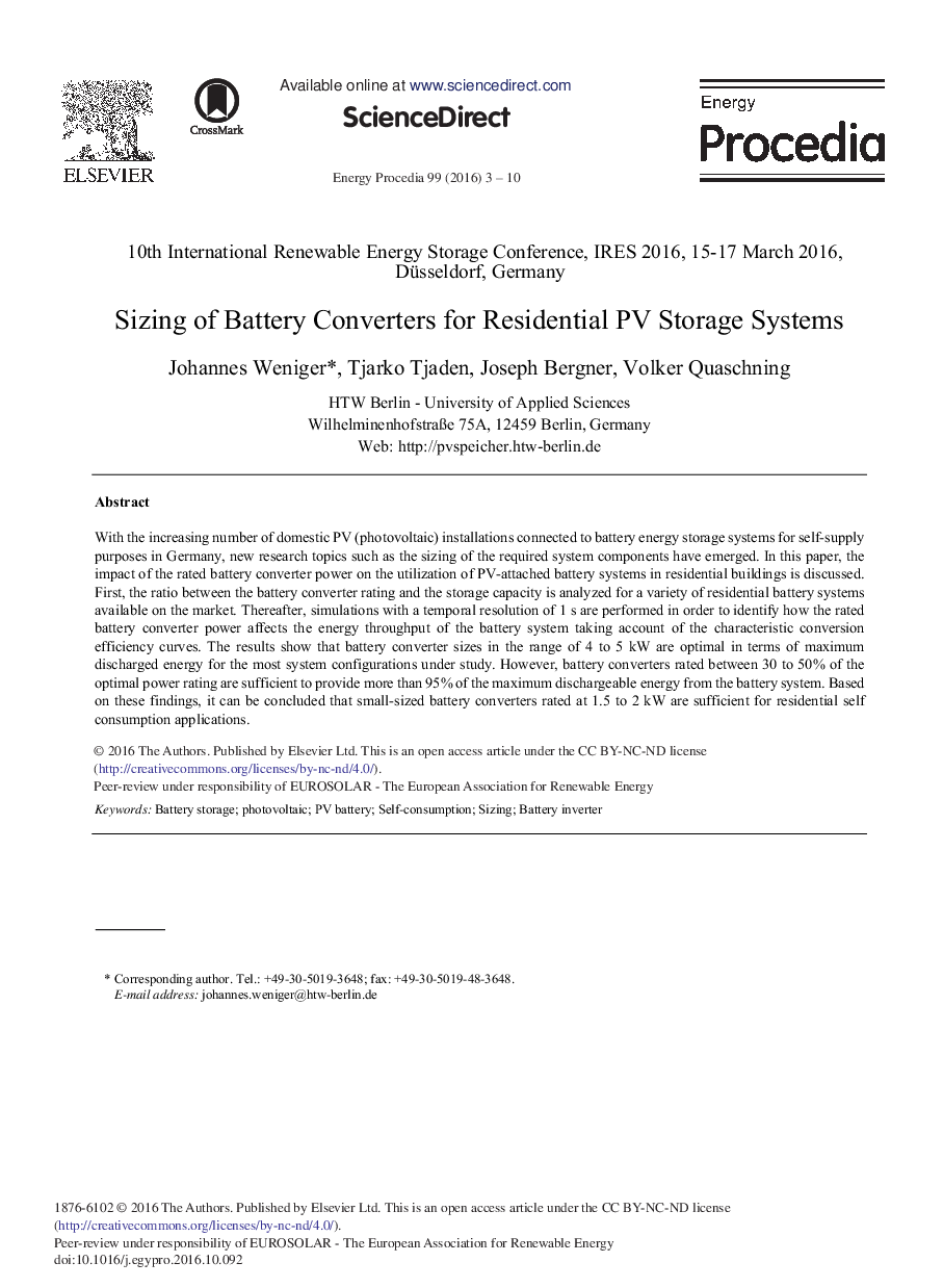 Sizing of Battery Converters for Residential PV Storage Systems