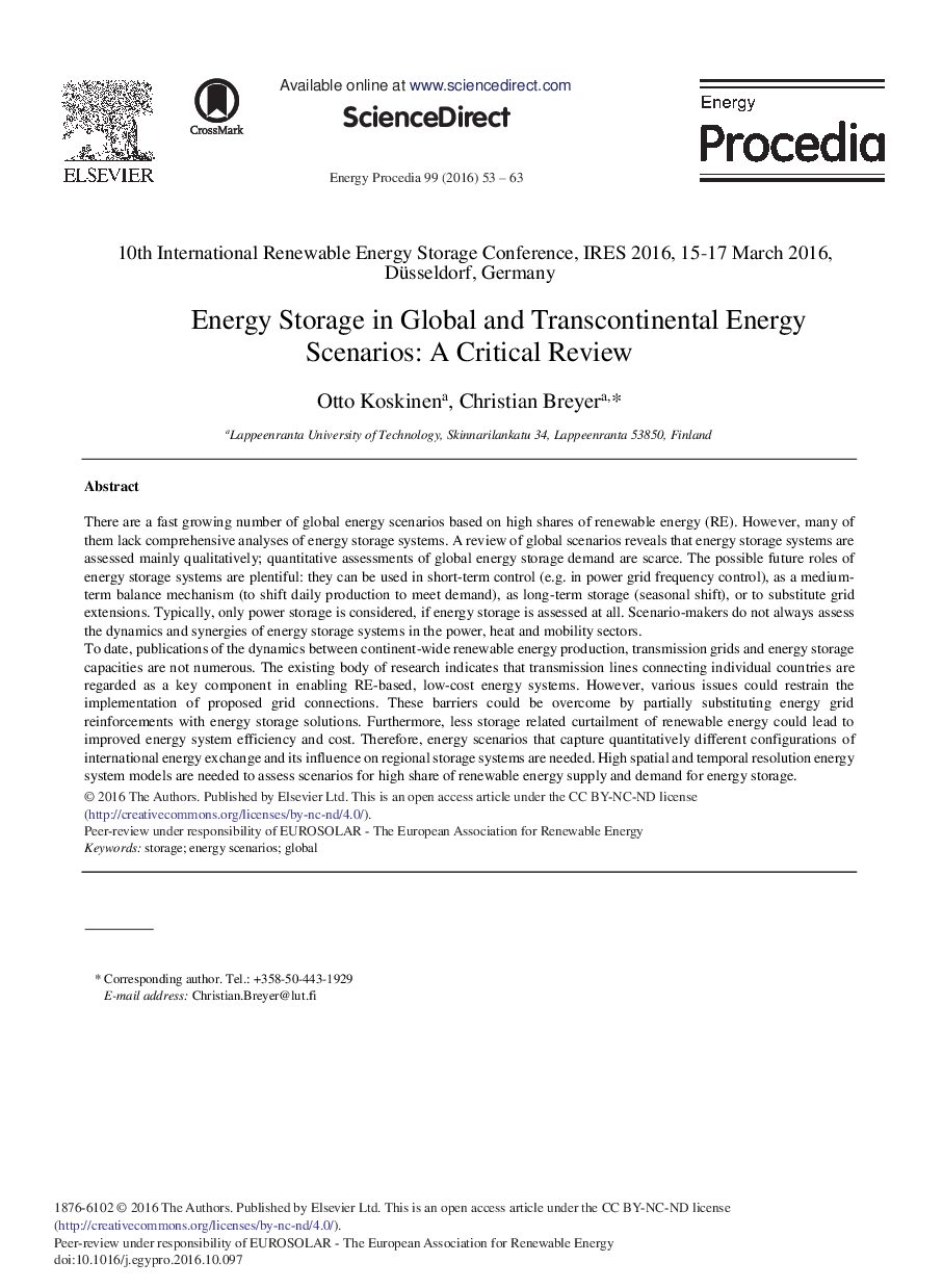 Energy Storage in Global and Transcontinental Energy Scenarios: A Critical Review