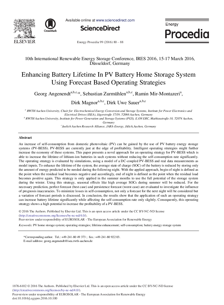 Enhancing Battery Lifetime in PV Battery Home Storage System Using Forecast Based Operating Strategies