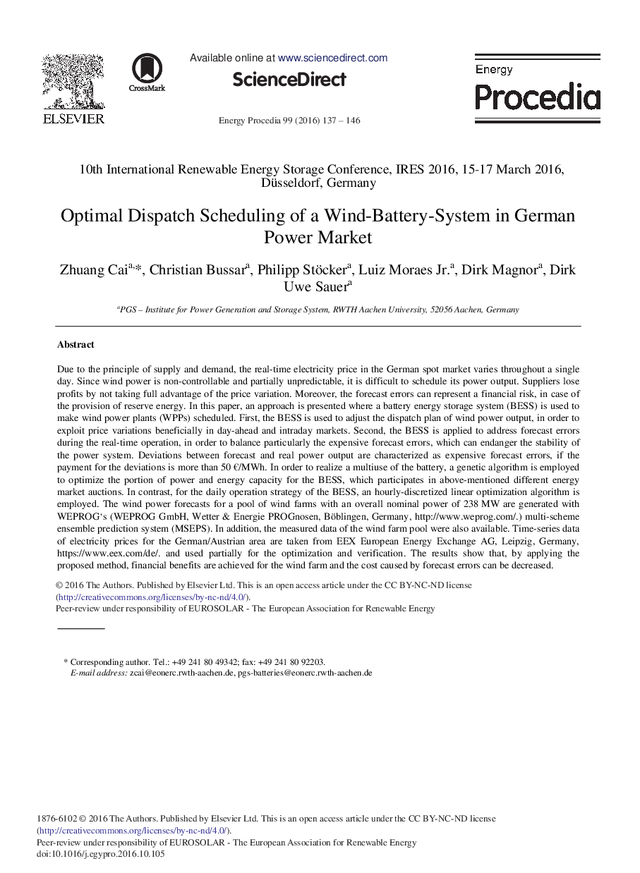 Optimal Dispatch Scheduling of a Wind-battery-System in German Power Market