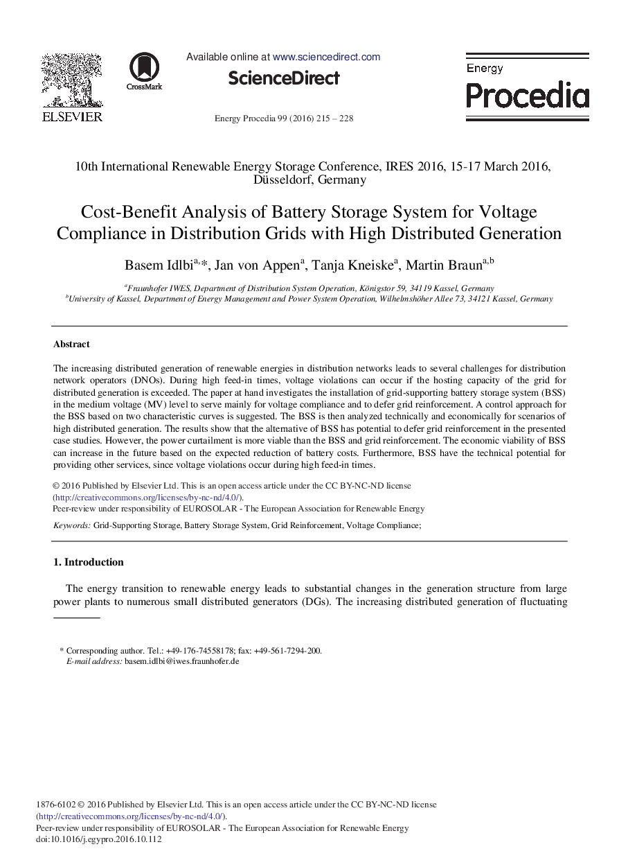 Cost-Benefit Analysis of Battery Storage System for Voltage Compliance in Distribution Grids with High Distributed Generation