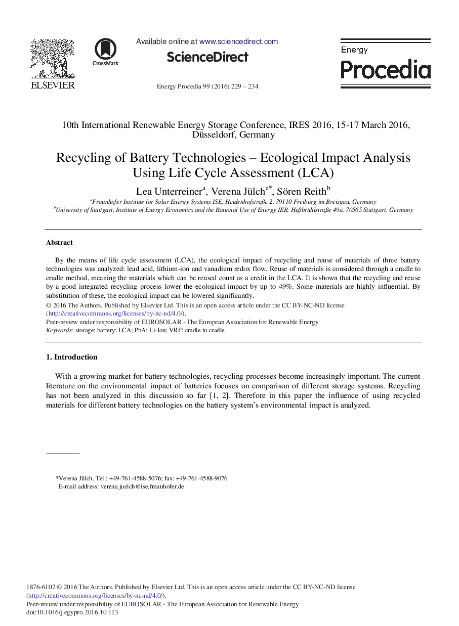 Recycling of Battery Technologies - Ecological Impact Analysis Using Life Cycle Assessment (LCA)