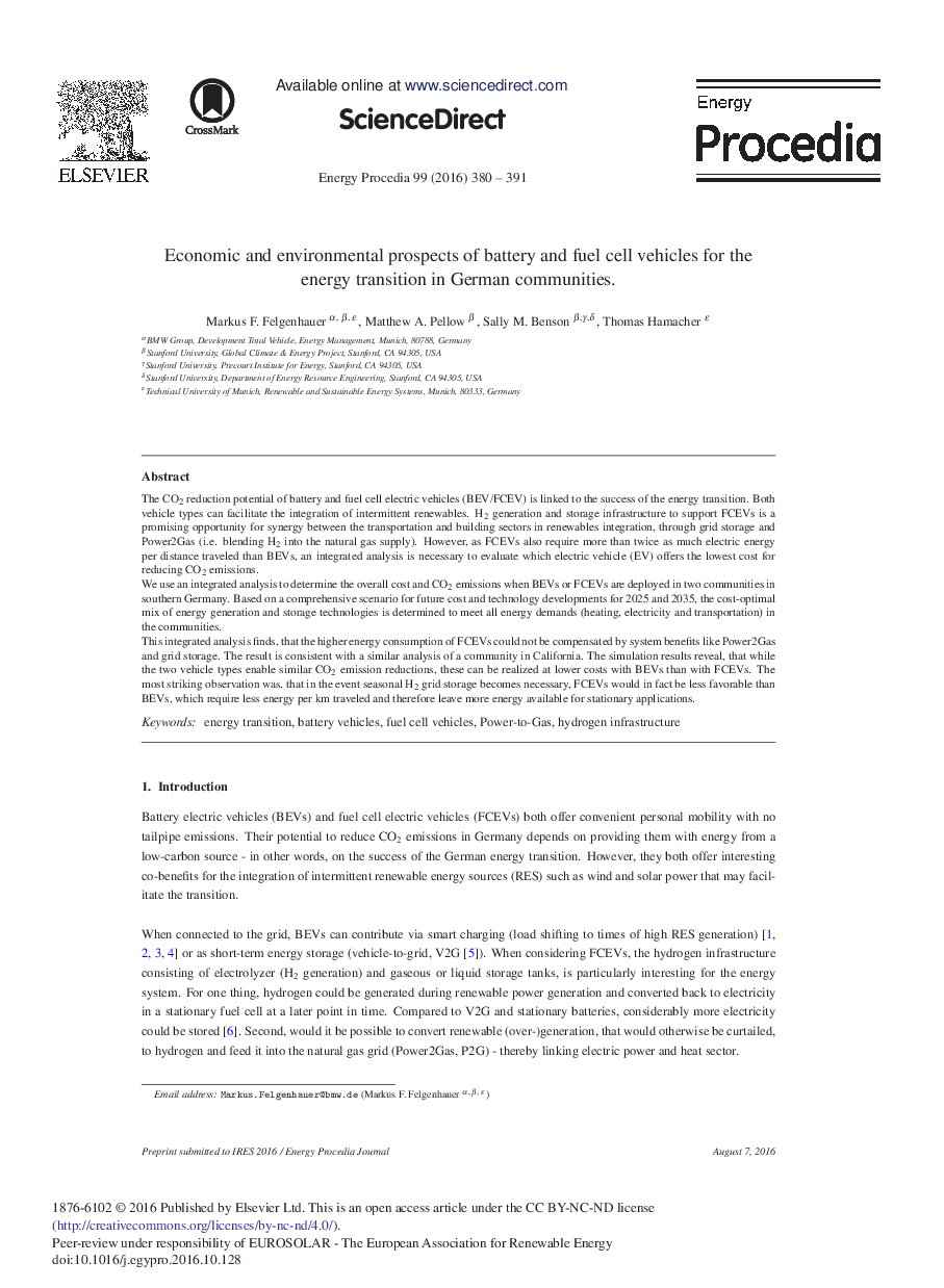 Economic and Environmental Prospects of Battery and Fuel Cell Vehicles for the Energy Transition in German Communities