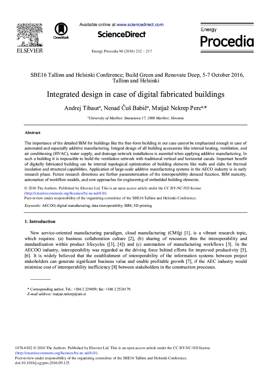 Integrated Design in Case of Digital Fabricated Buildings