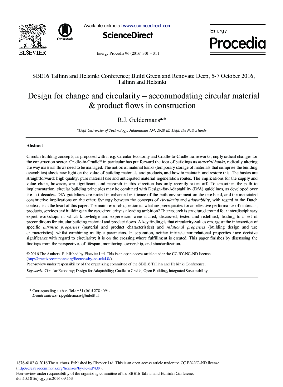 Design for Change and Circularity - Accommodating Circular Material & Product Flows in Construction