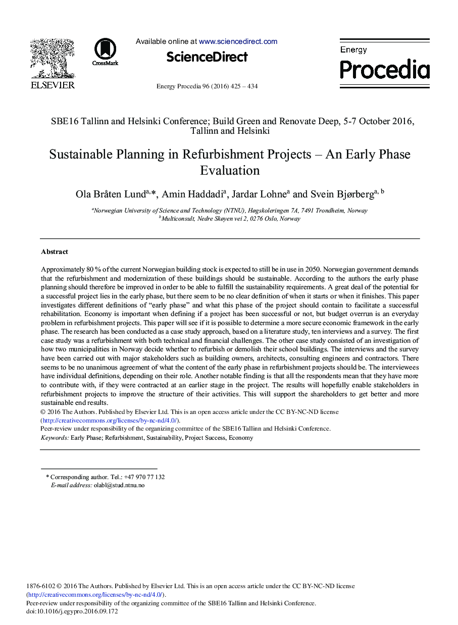 Sustainable Planning in Refurbishment Projects - An Early Phase Evaluation