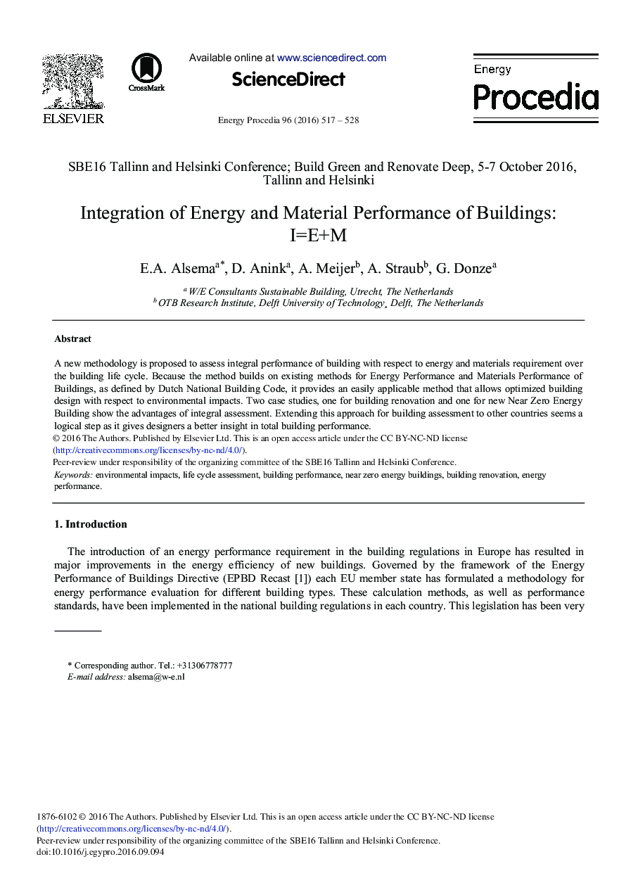 Integration of Energy and Material Performance of Buildings: I=E+M