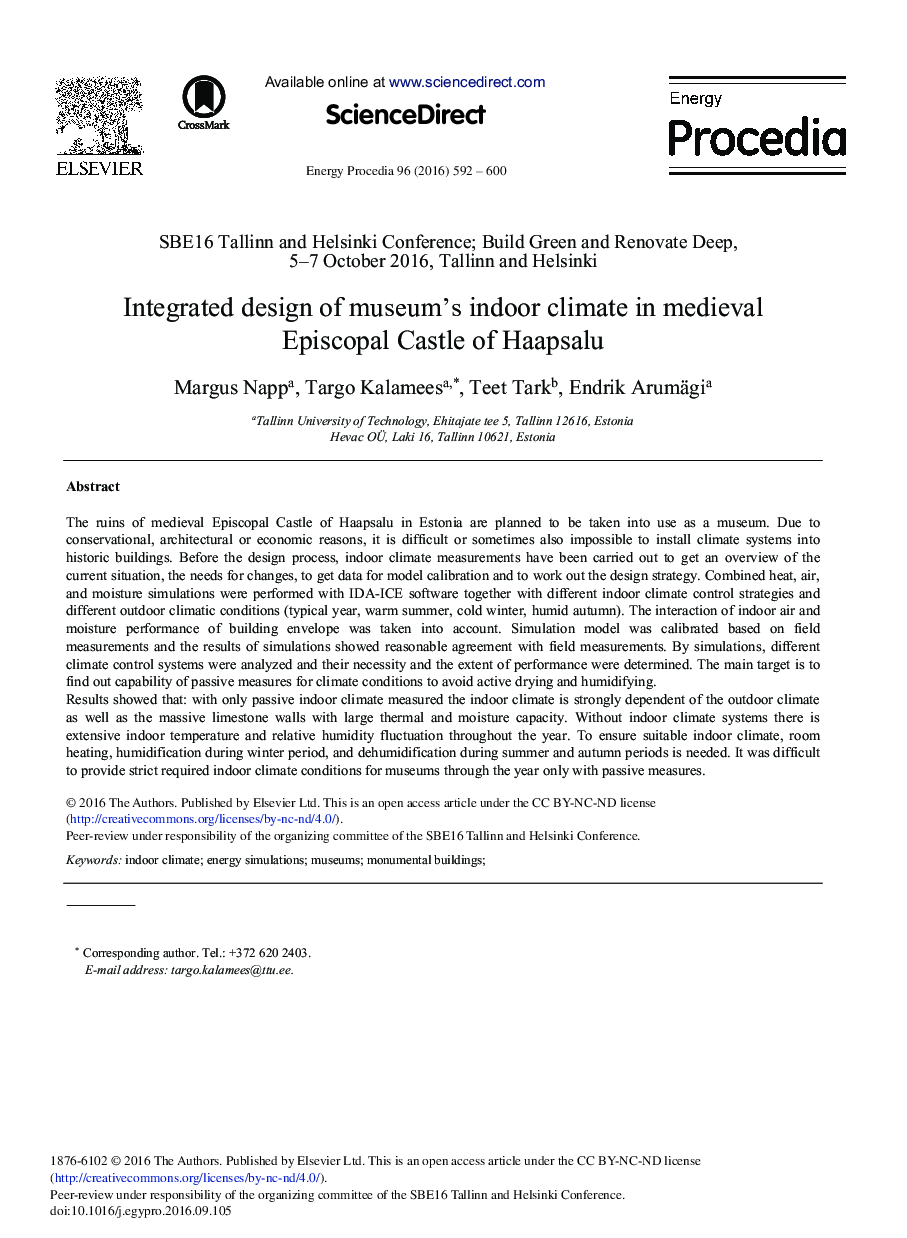 Integrated Design of Museum's Indoor Climate in Medieval Episcopal Castle of Haapsalu