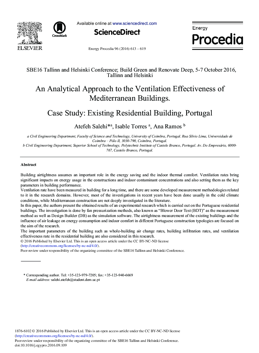 یک روش تحلیلی برای اثربخشی تهویه ساختمان های مدیترانه ای. مطالعه موردی: ساختمان مسکونی موجود، پرتغال 