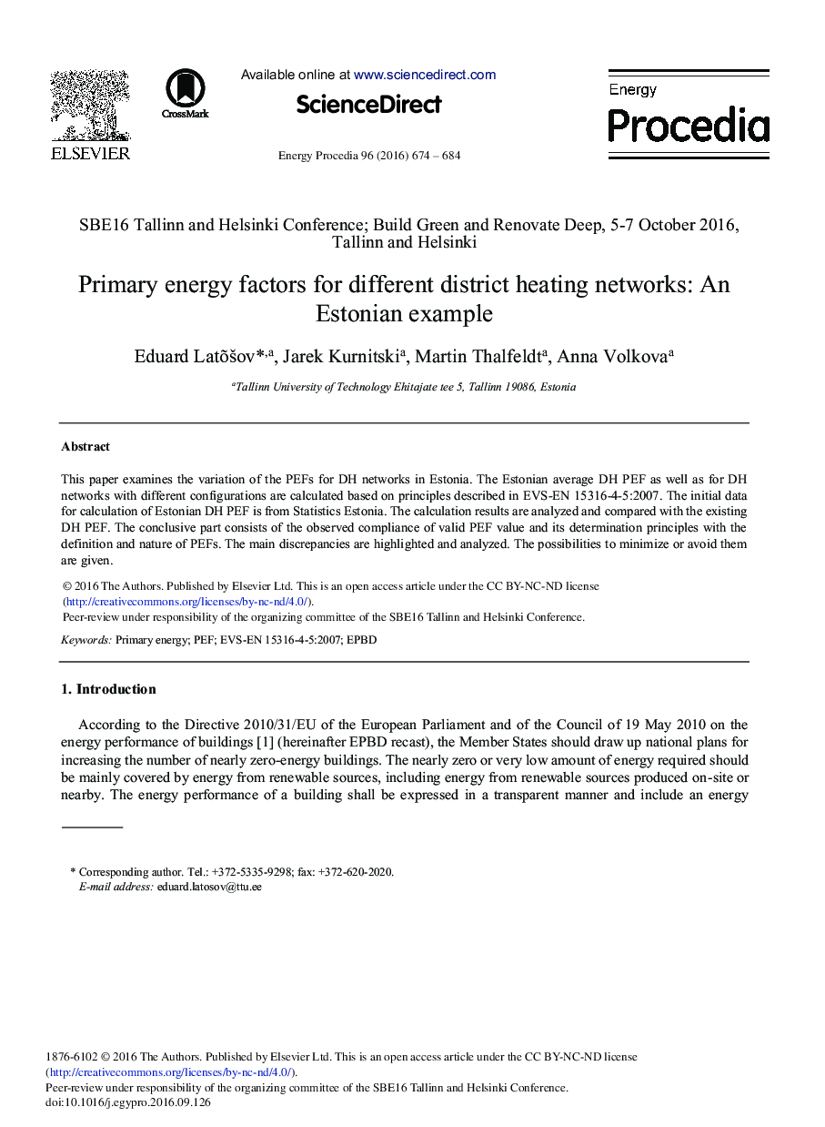 Primary Energy Factors for Different District Heating Networks: An Estonian Example