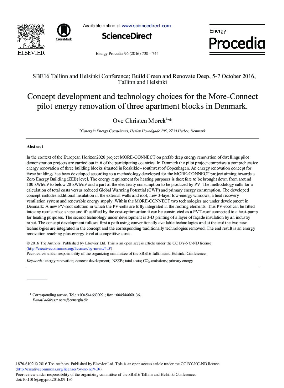 Concept Development and Technology Choices for the More-connect Pilot Energy Renovation of Three Apartment Blocks in Denmark